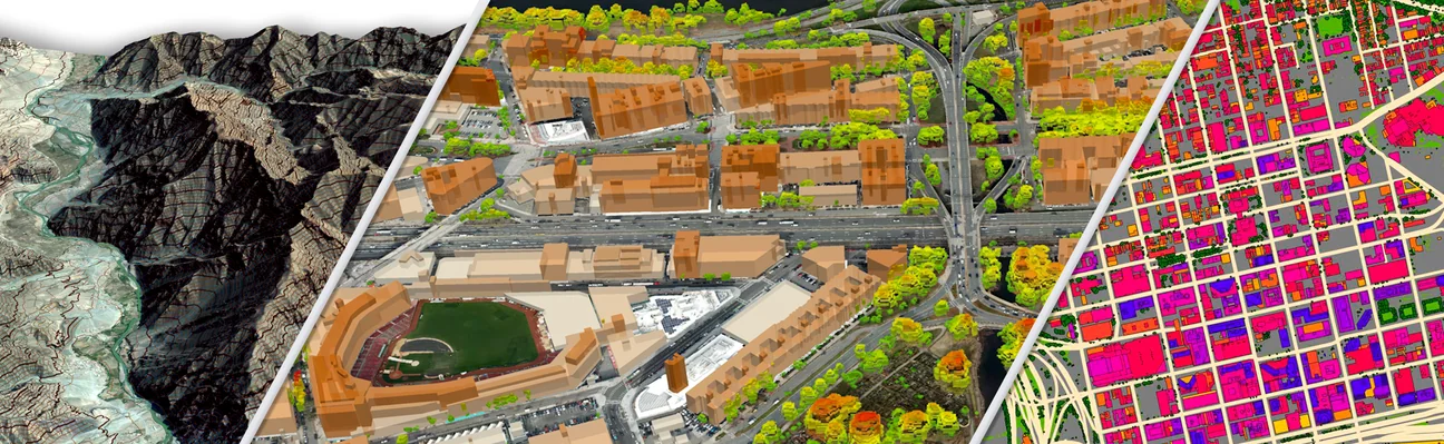 LAND INFO geospatial data: 3D terrain elevation model, 3D building and tree models, and land use land cover building mapping