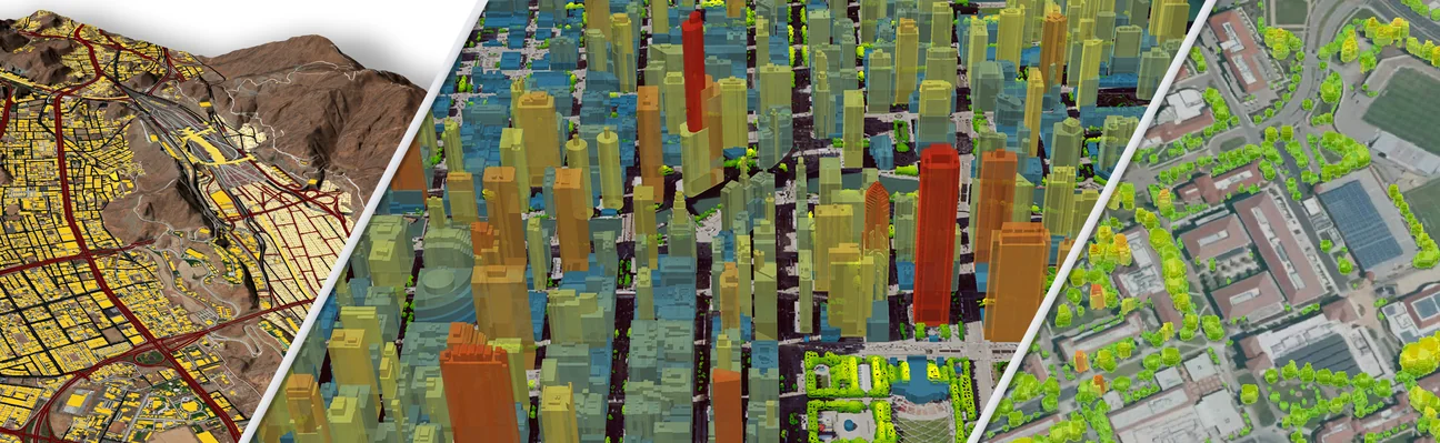 LAND INFO geospatial data: building and road vectors over terrain, 3D city building height models, and 3D tree canopy mapping